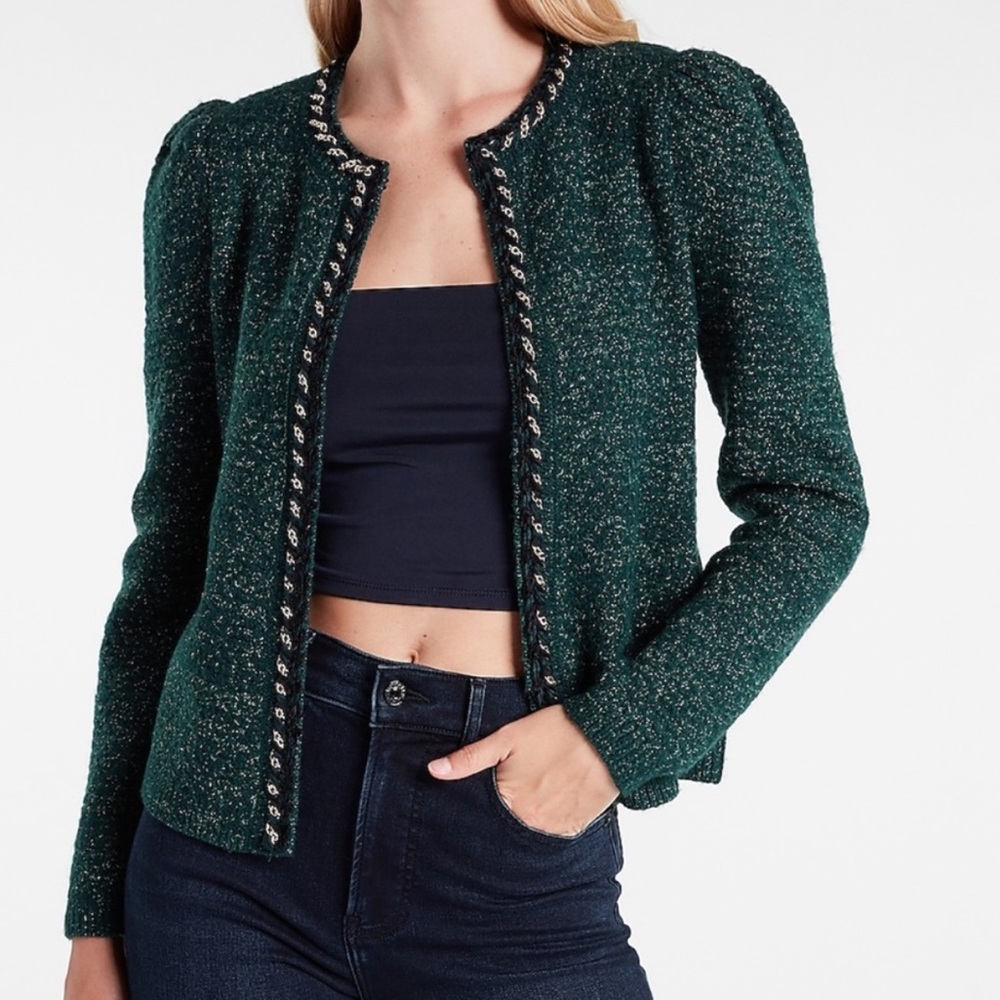 Express Lurex Chain Metallic Emerald Green Sweater Cardigan Jacket Size Small